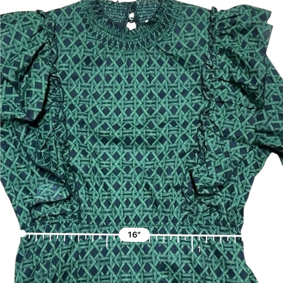 A Loves A Voile Lattice Print Cotton Long Sleeve Ruffle Maxi Dress SZ L Green - Picture 11 of 12